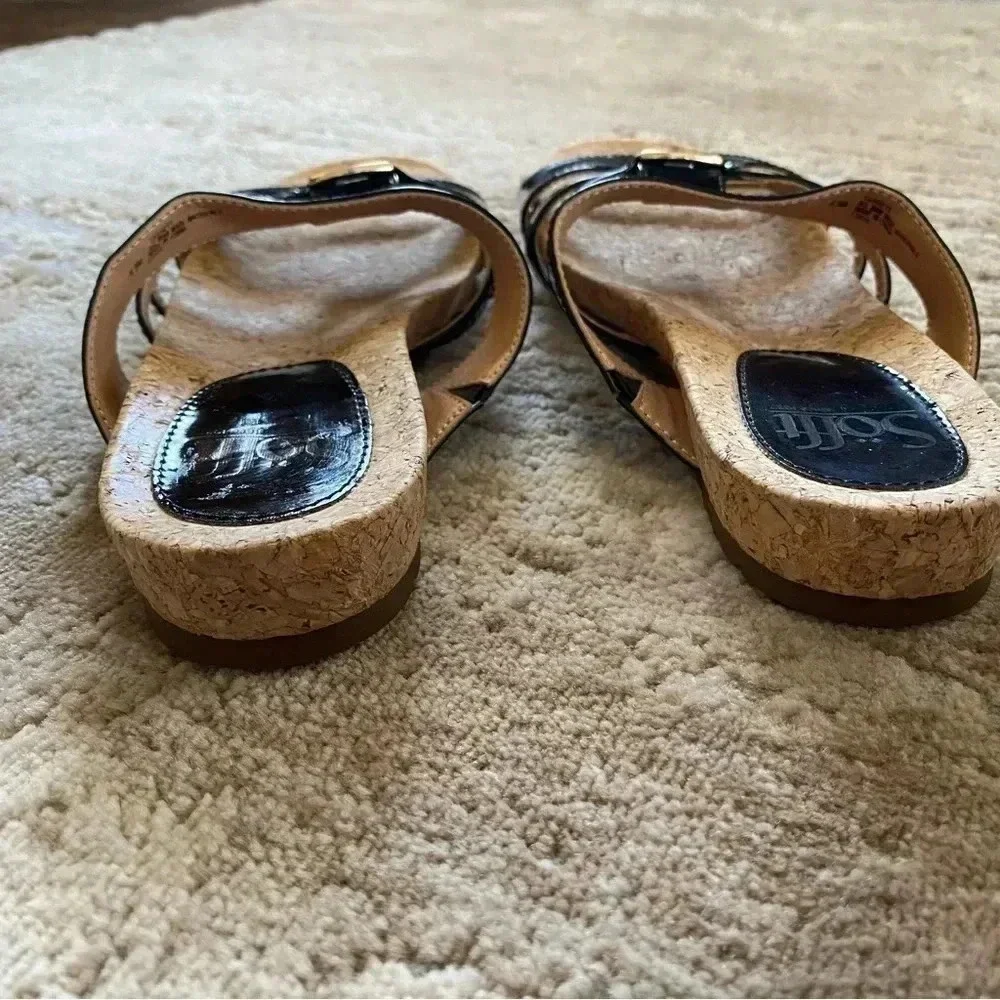 Sofft Patent Leather Cork Sole Flat Strappy Black Sandals Slides: 6.5